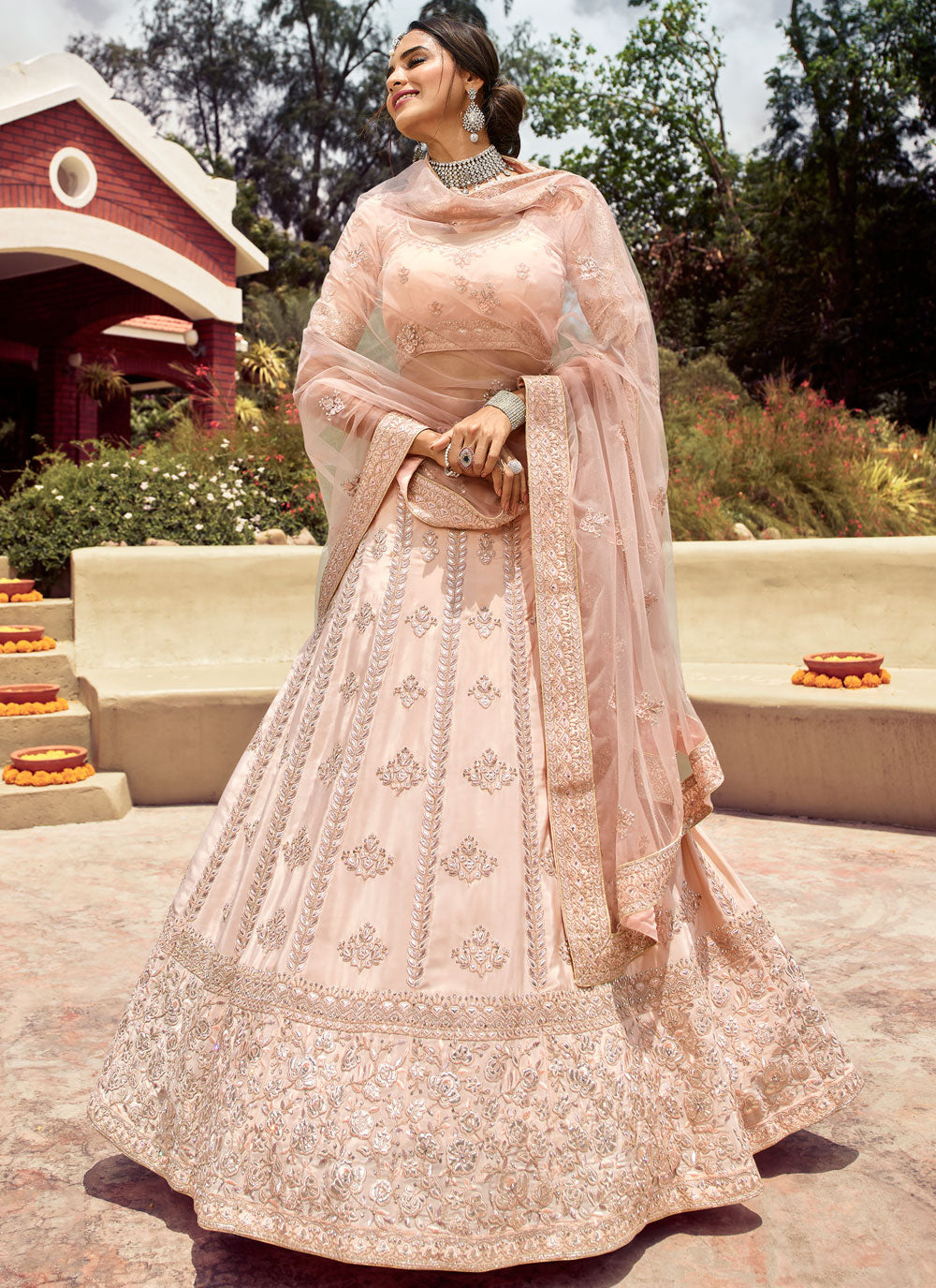 Beige Embroidered Crepe Semi Stitched Lehenga