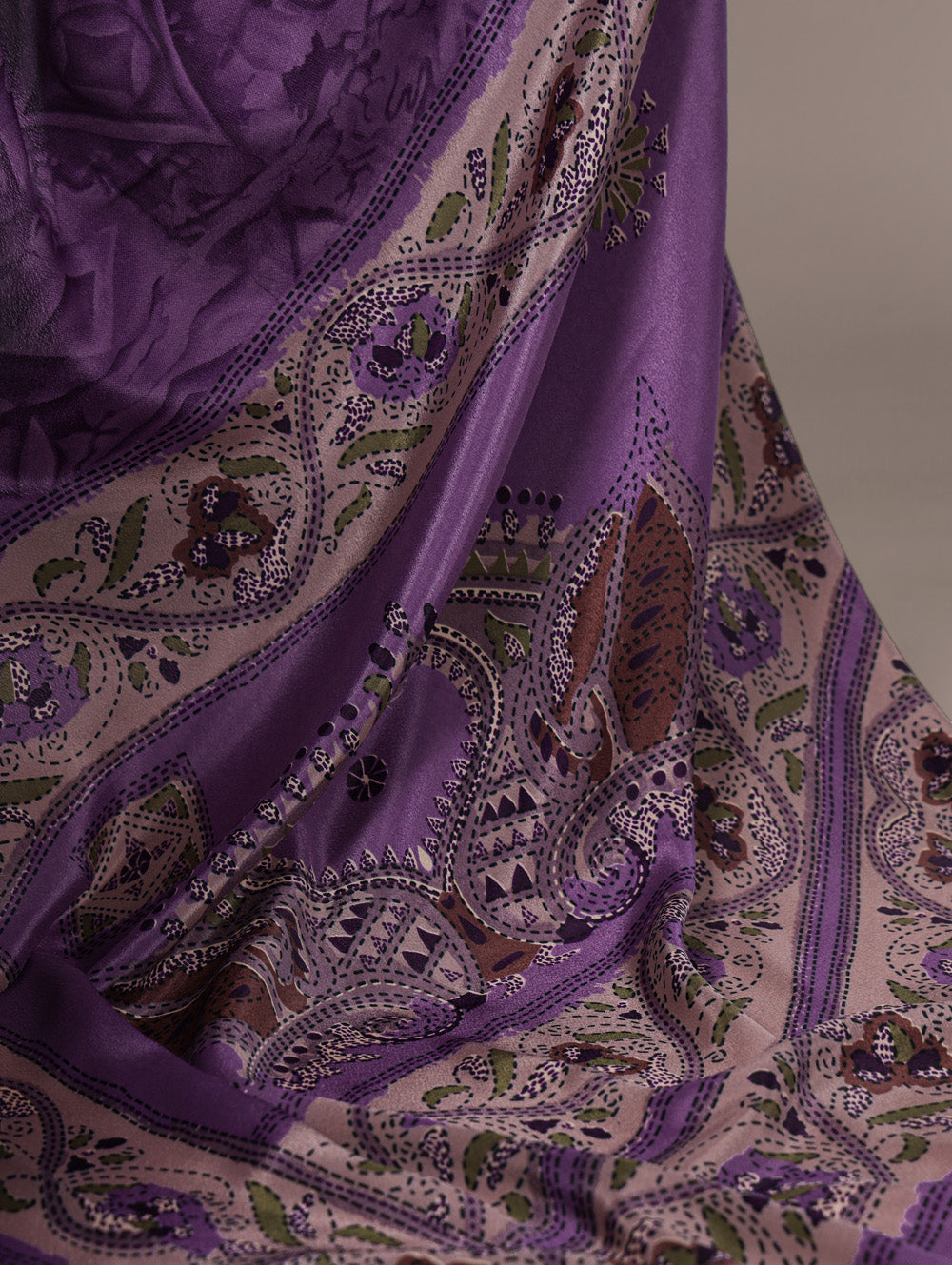 Purple crepe saree with all over print matching blouse