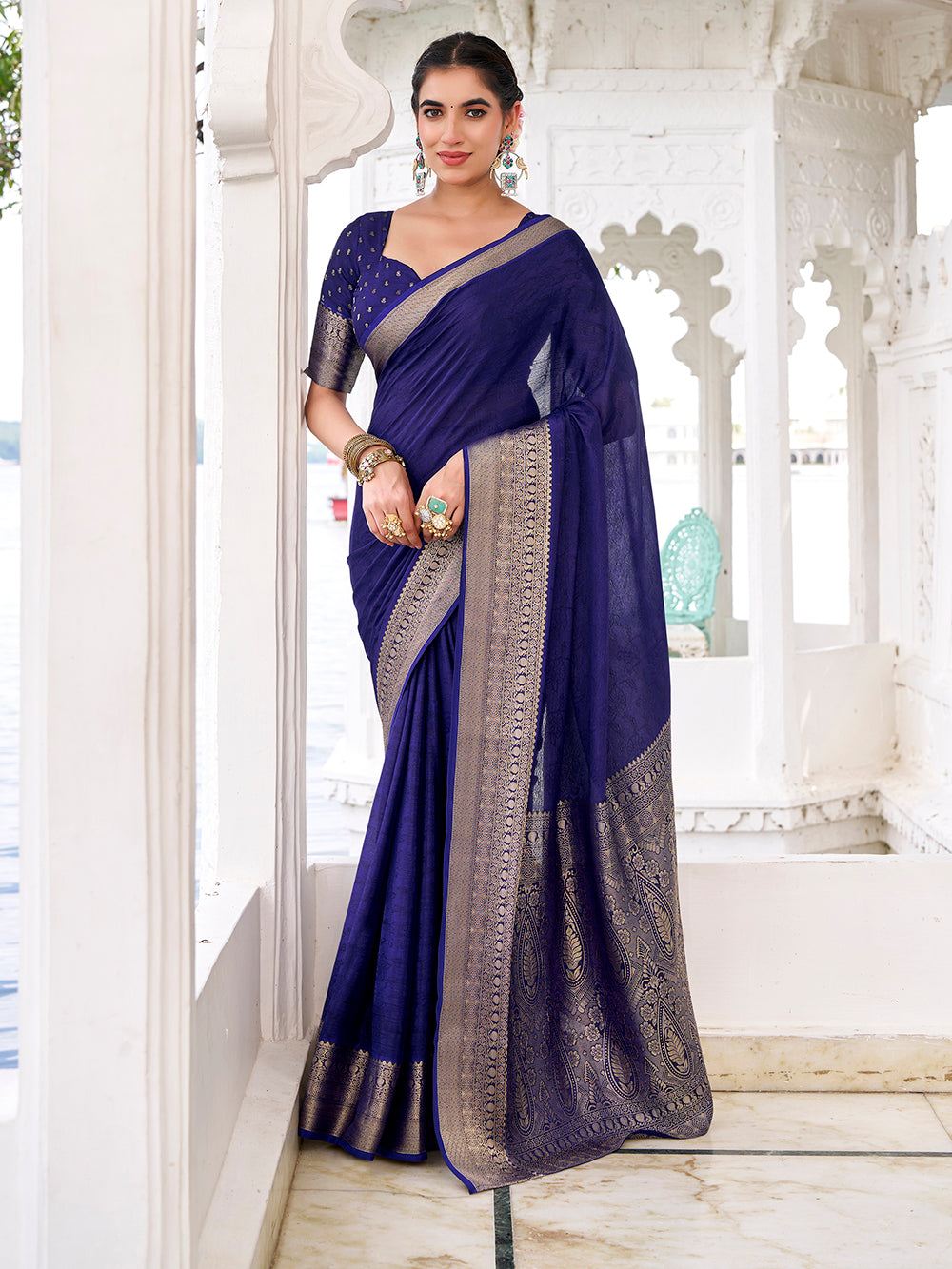 Navy blue self printed chinon saree with zari weaving unstitched blouse