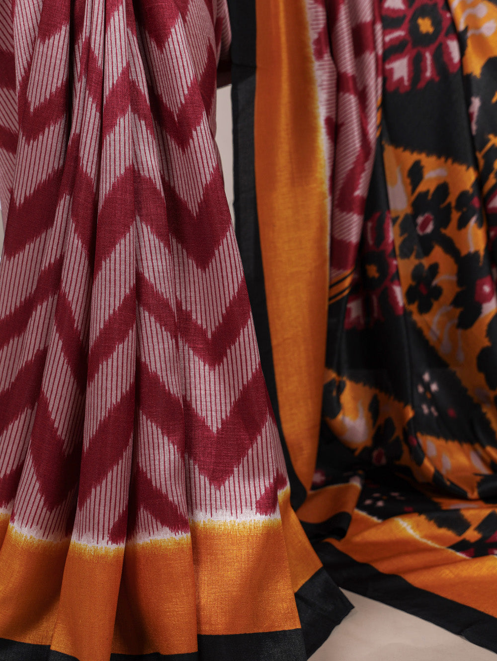 Maroon printed tassar silk saree with matching blouse