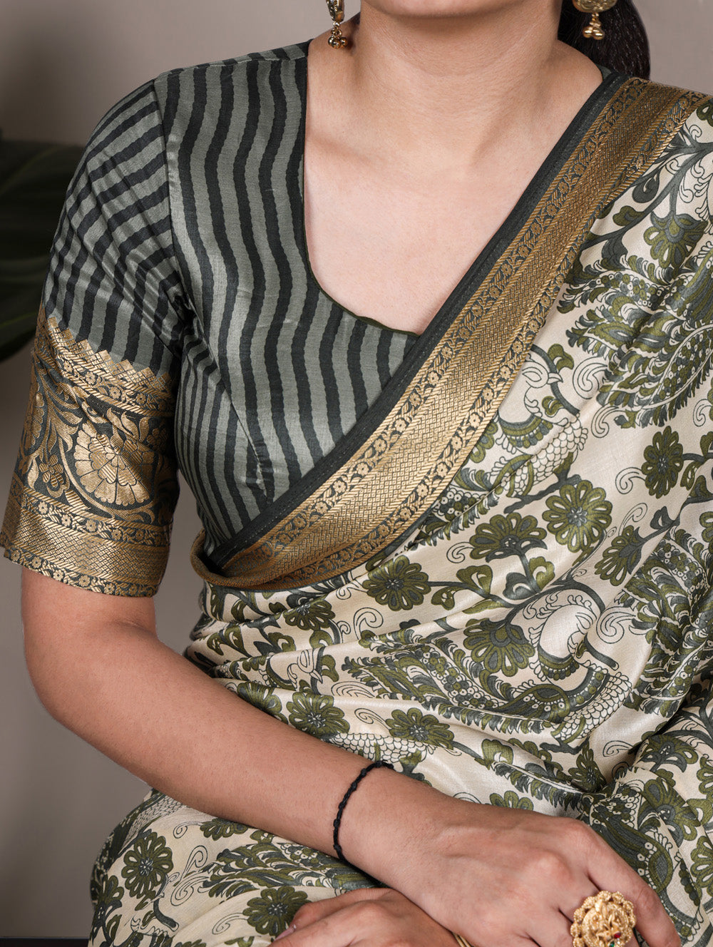Mehendi color printed tasar silk saree with viscose border