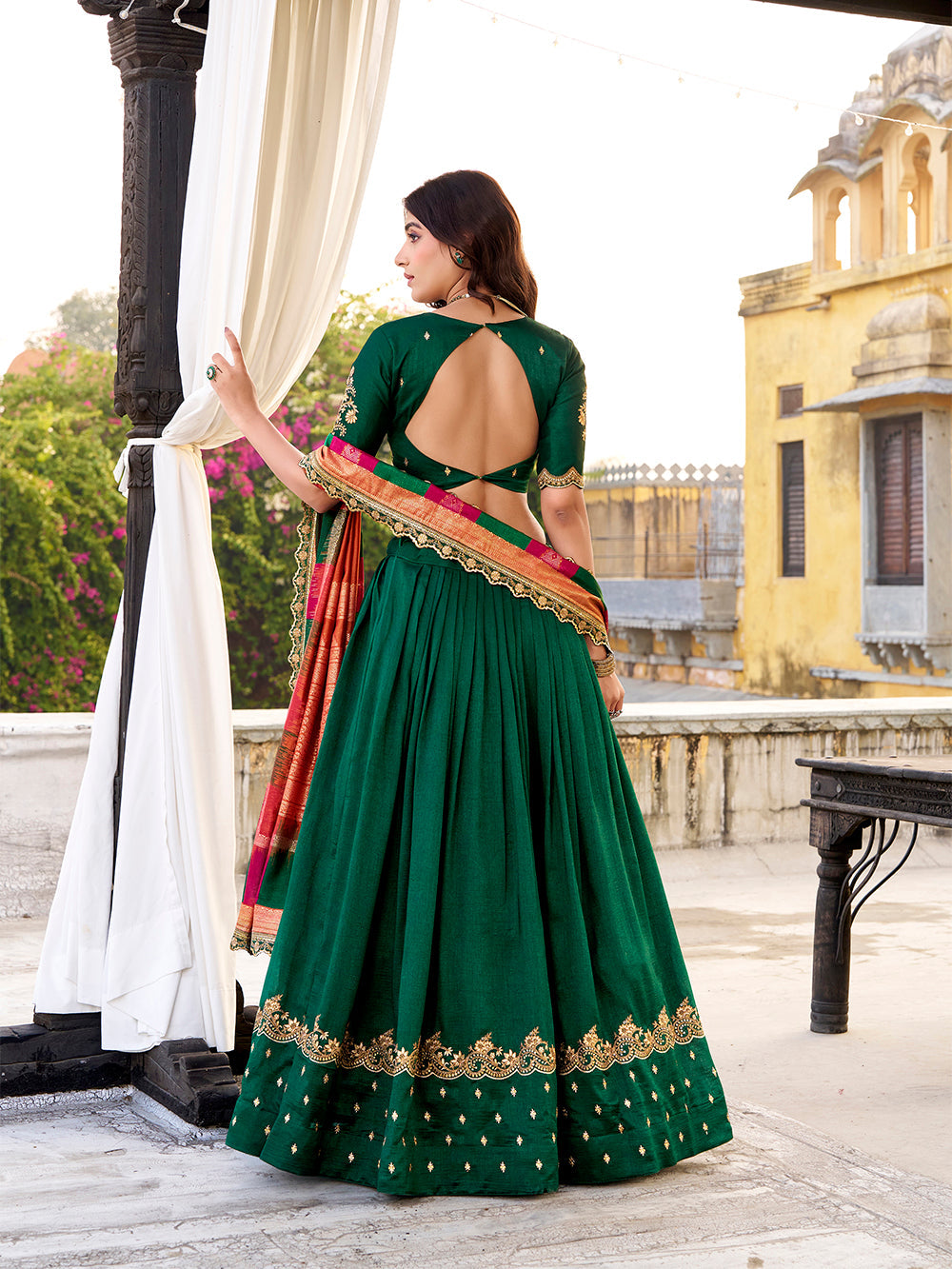Green designer vichitra silk lehenga choli with sequins thread embroidery