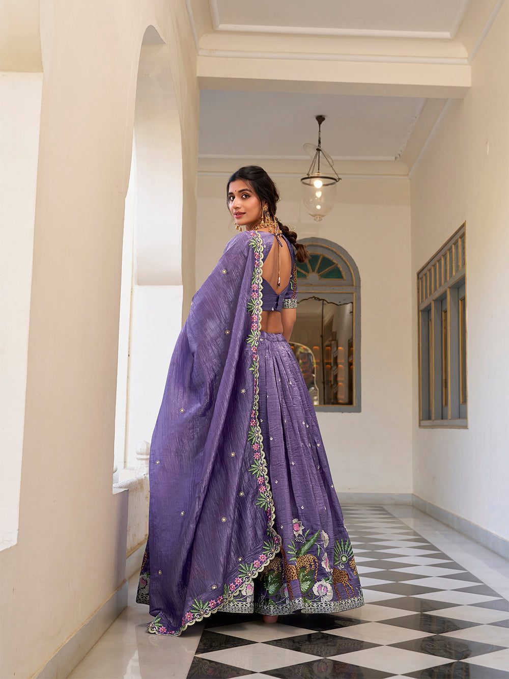 Lavender color sequins and thread embroidery work gold crush lehenga choli