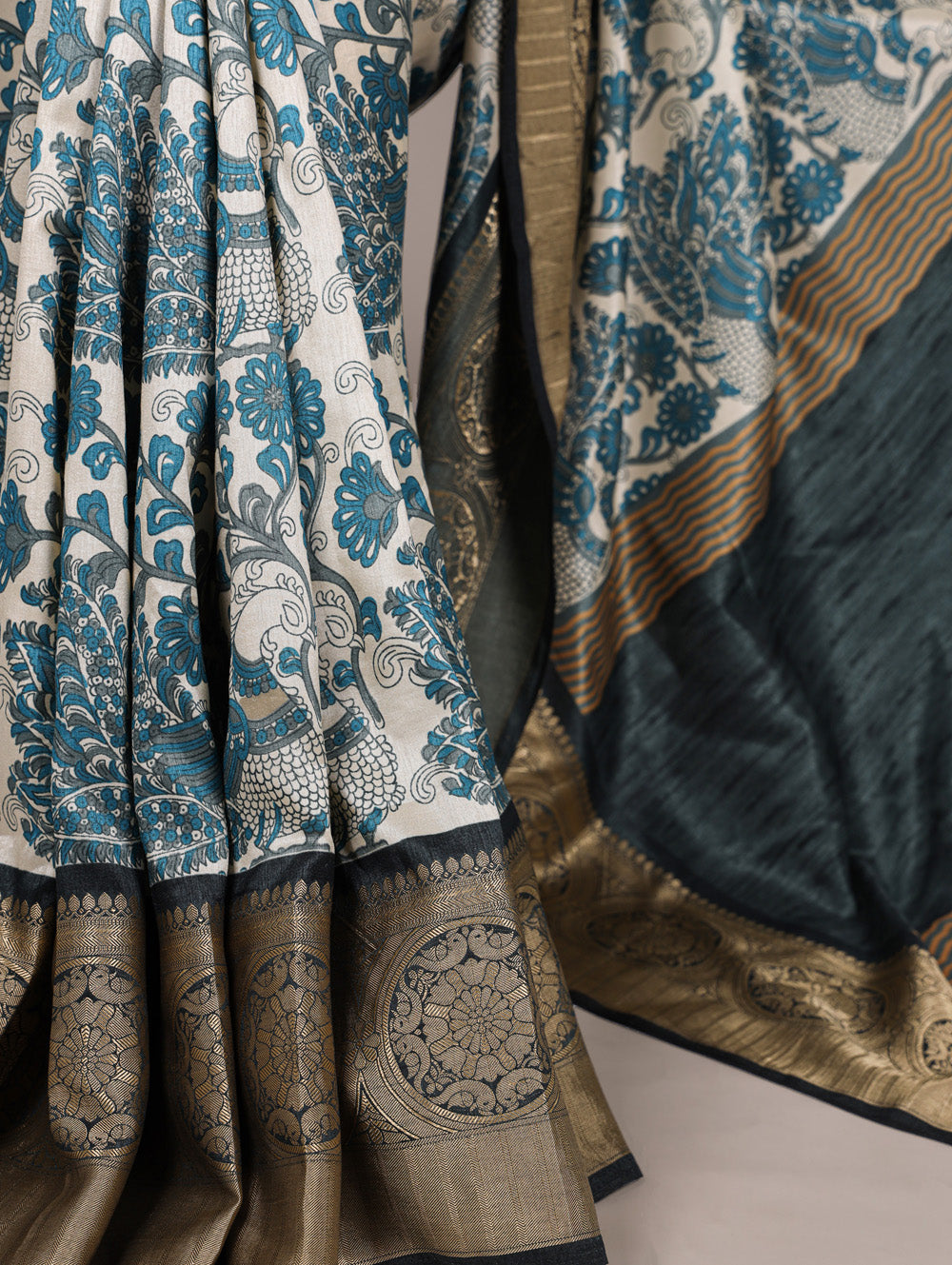Sky blue color printed tasar silk saree with viscose border