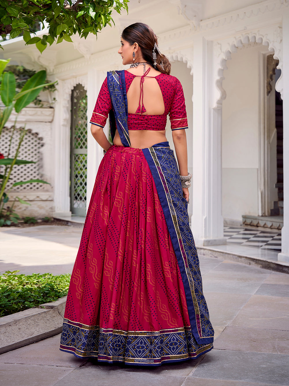 Pink tasar silk bandhej print lehenga choli with gotta patti lace work 4 meter flair