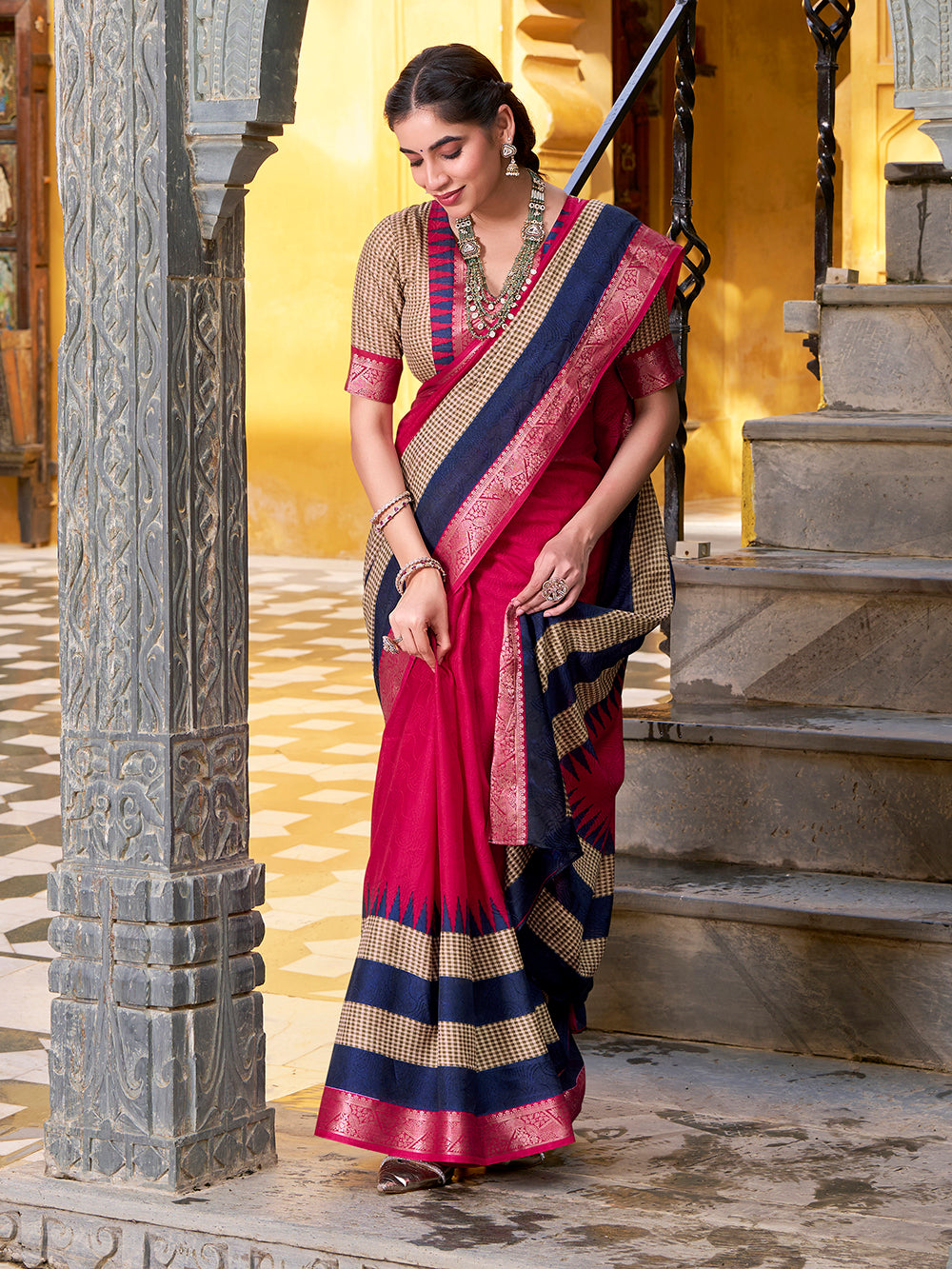 Pink printed poly cotton saree with zari weaving and temple pallu