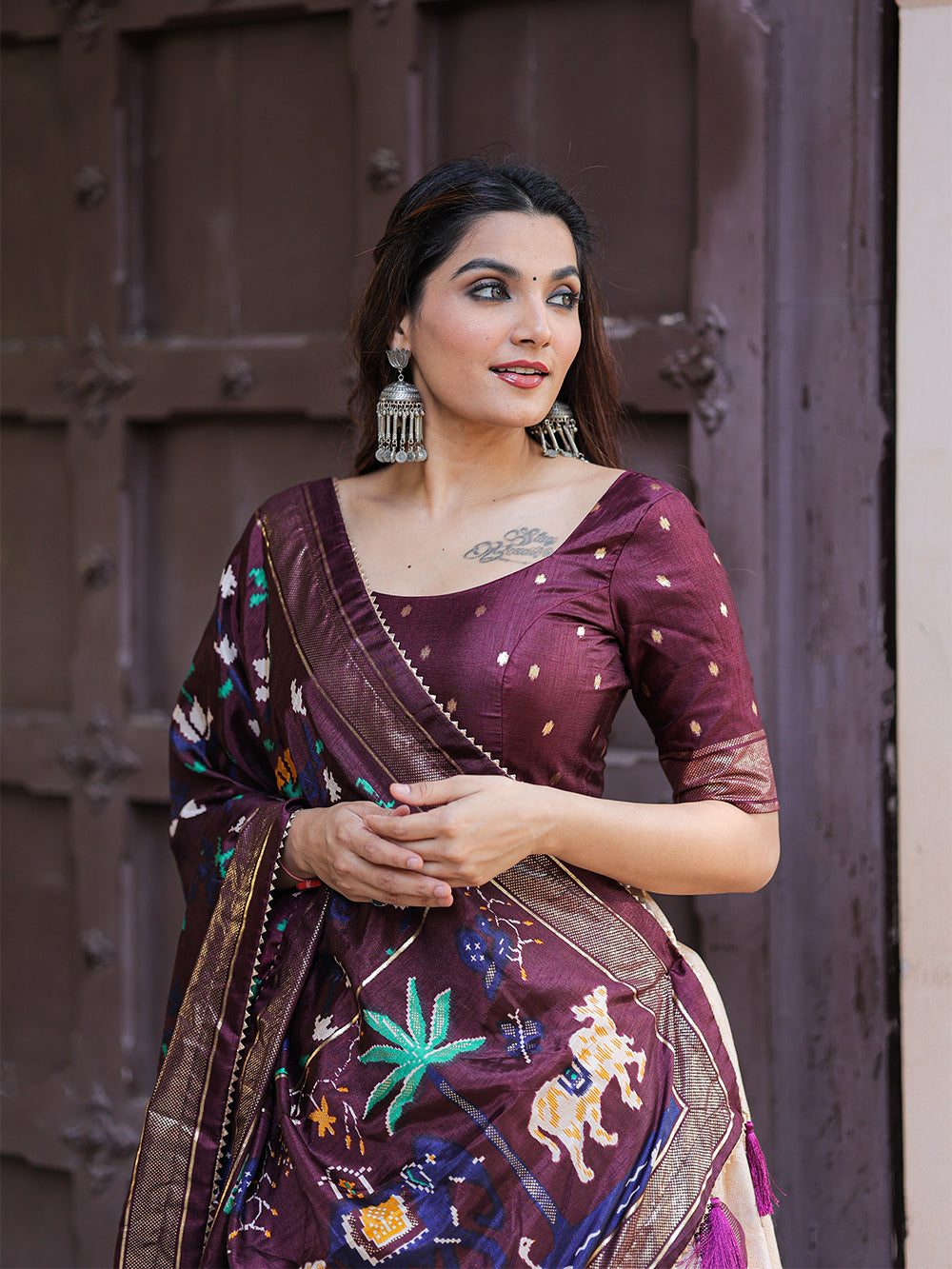 Wine Color Printed With Foil Work Dola Silk Lehenga Choli