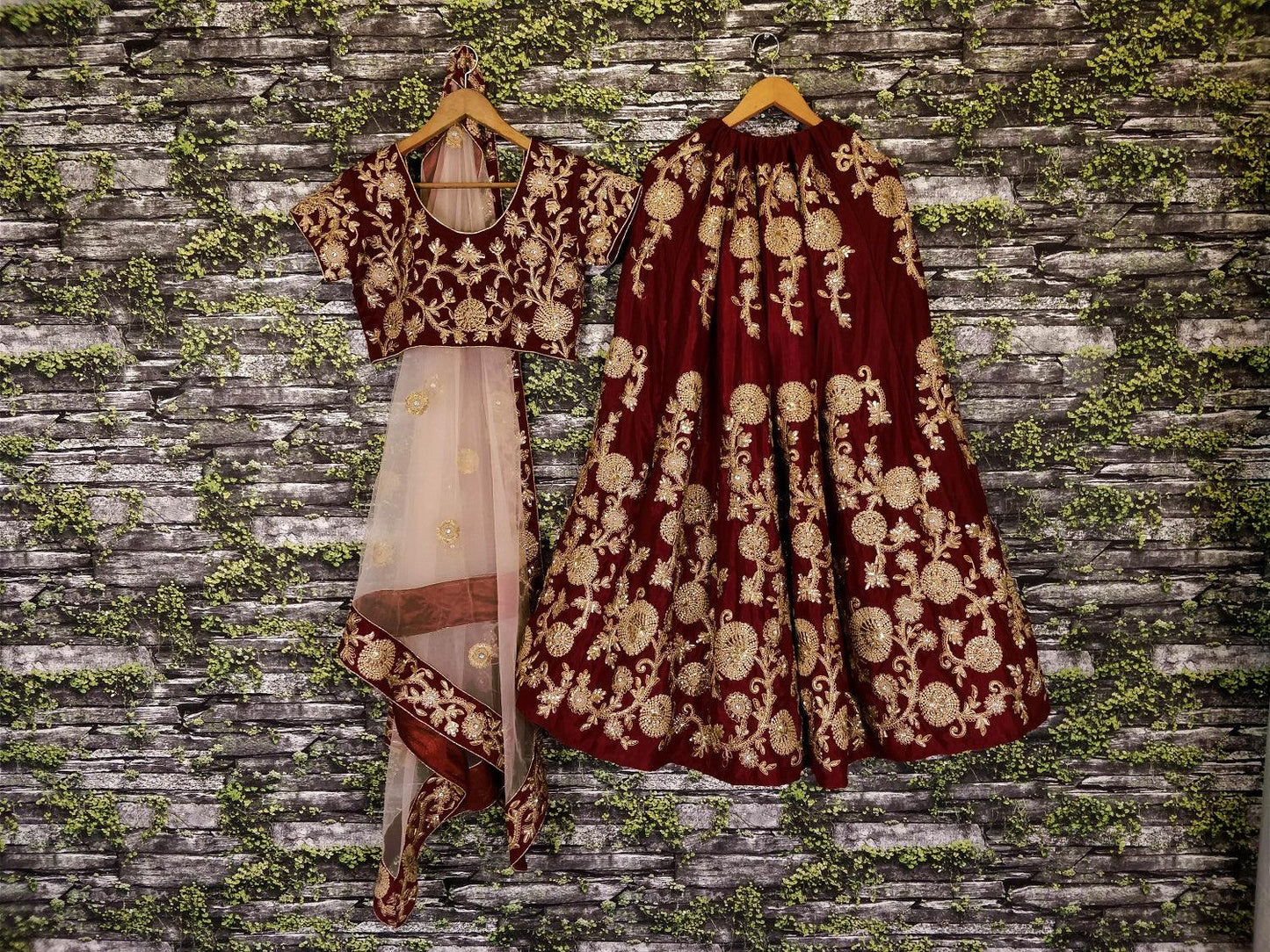 Gulkand Maroon Floral Motif Elegance Velvet Base Bridal Lehenga Choli