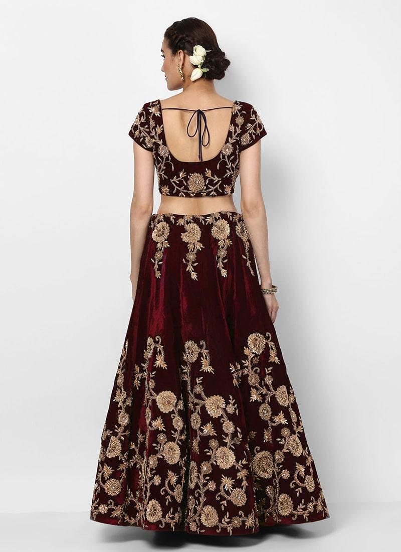 Gulkand Maroon Floral Motif Elegance Velvet Base Bridal Lehenga Choli