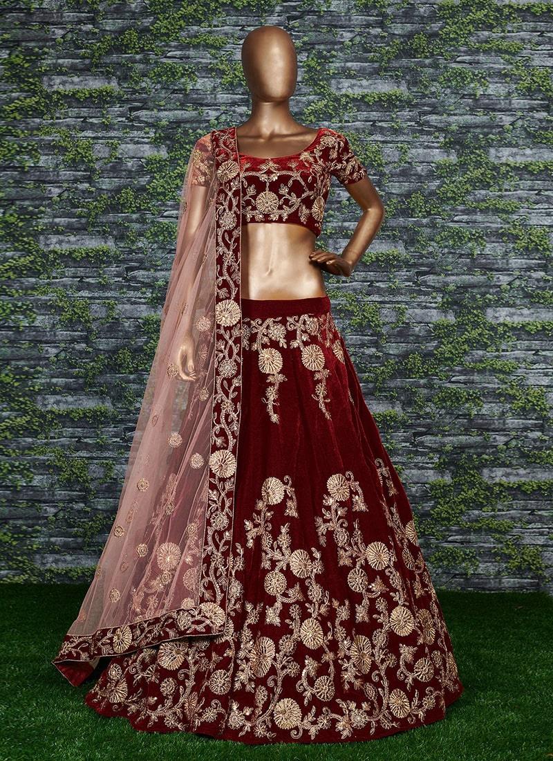 Gulkand Maroon Floral Motif Elegance Velvet Base Bridal Lehenga Choli