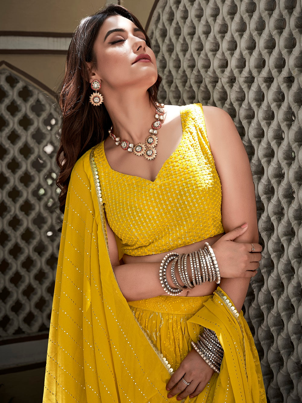 Yellow Color Lucknowi Thread & Sequins Embroidery Work Georgette Lehenga Choli