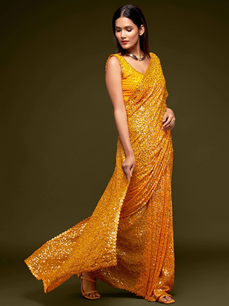 Haldi function special georgette sequins embroidery saree
