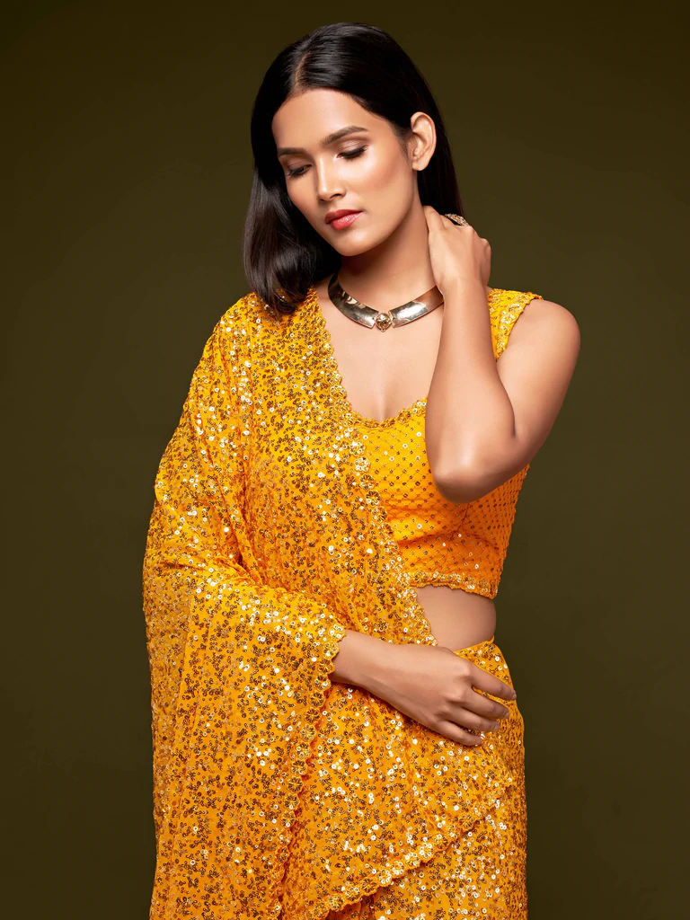 Haldi function special georgette sequins embroidery saree