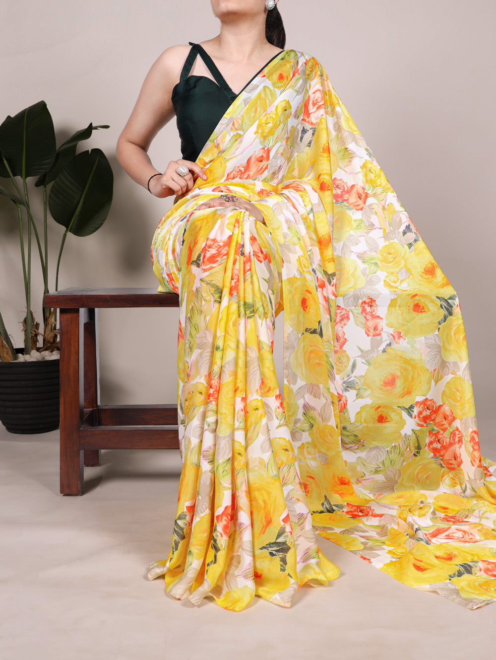 Yellow dull satin floral printed saree with matching blouse