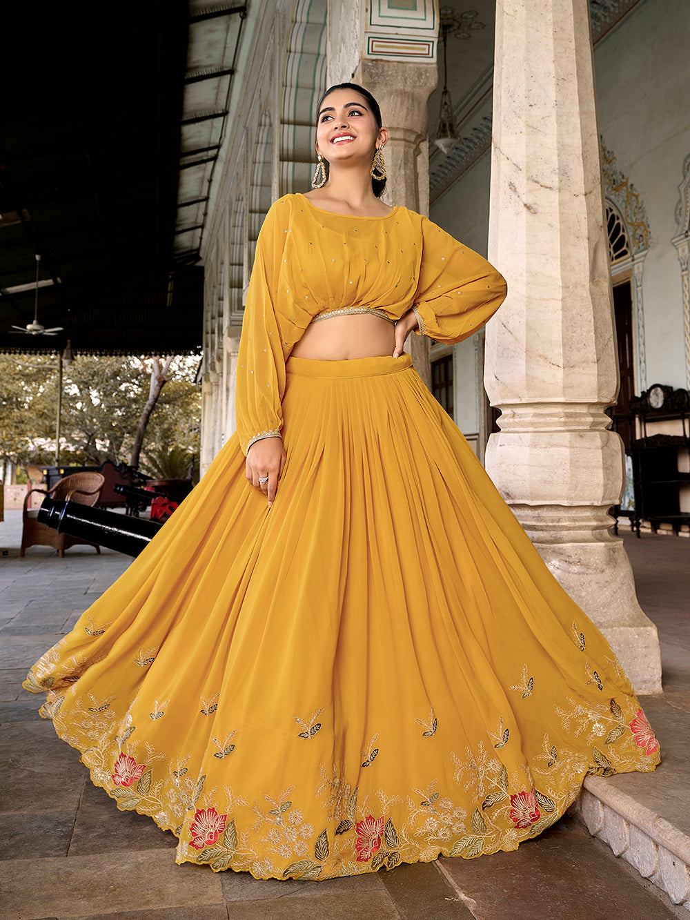 Mustard color sequins and thread embroidery work georgette co ord set lehenga choli