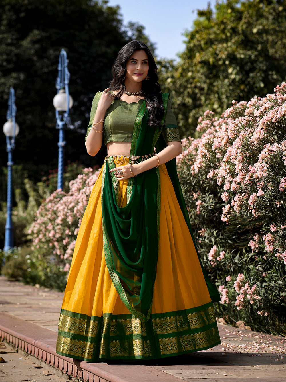 Yellow color zari weaving work kanchipuram haldi lehenga choli
