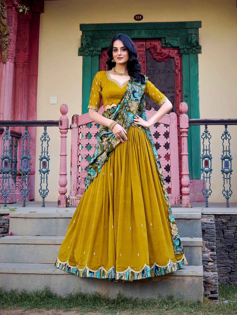 Mustard vichitra silk lehenga choli with kalamkari scallop border tussar silk dupatta
