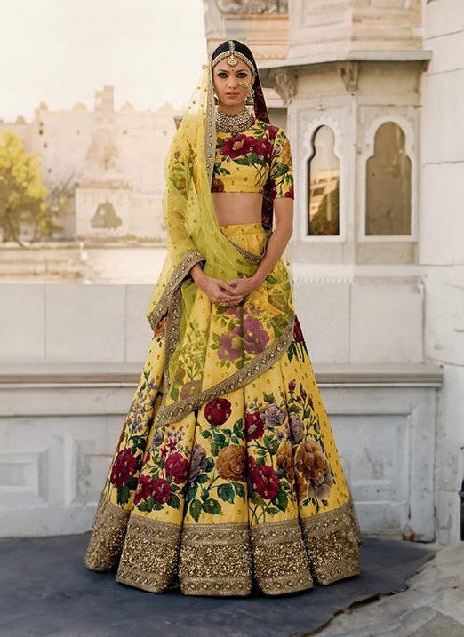 Haldi Yellow Printed Pearl Work Heavily Drape Lehenga Choli Set