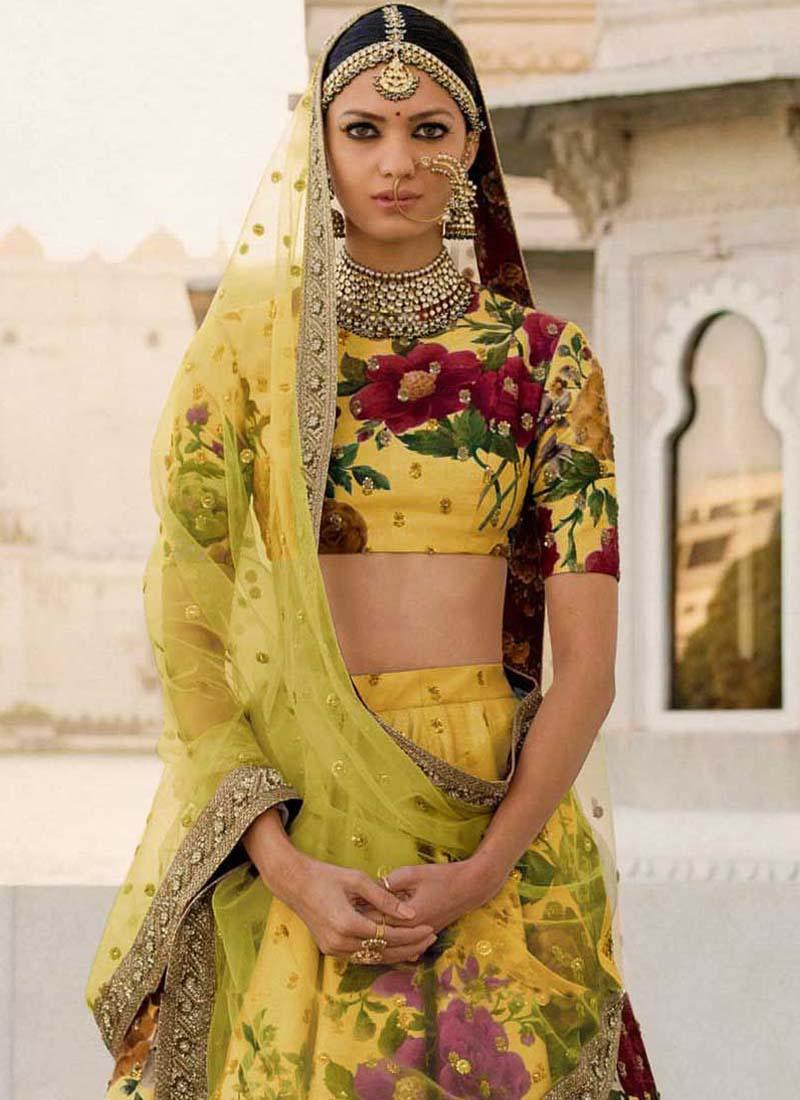 Haldi Yellow Printed Pearl Work Heavily Drape Lehenga Choli Set