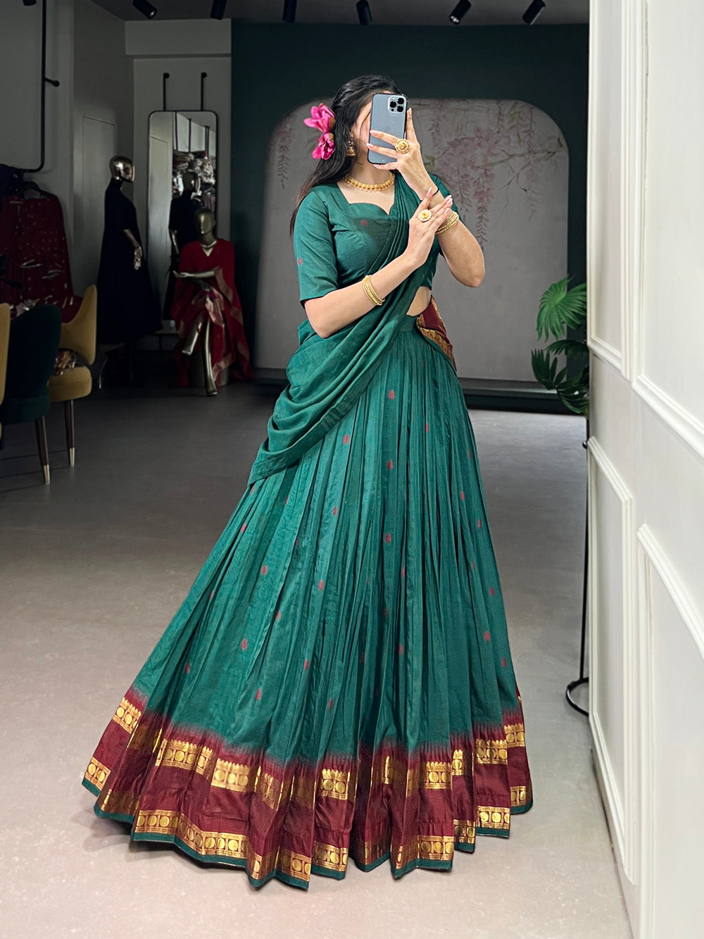Teal chanderi lehenga choli with zari weaving border 4 meter flair