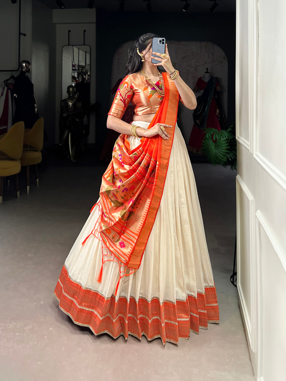 White vichitra silk south indian style lehenga choli with jacquard blouse orange dupatta