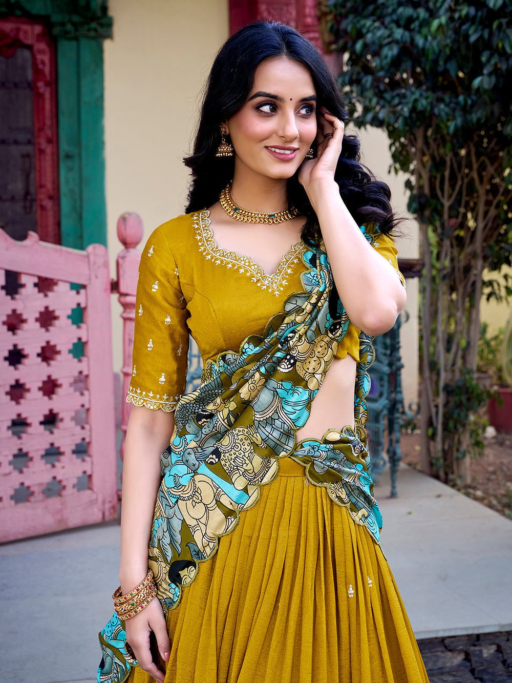 Mustard vichitra silk lehenga choli with kalamkari scallop border tussar silk dupatta