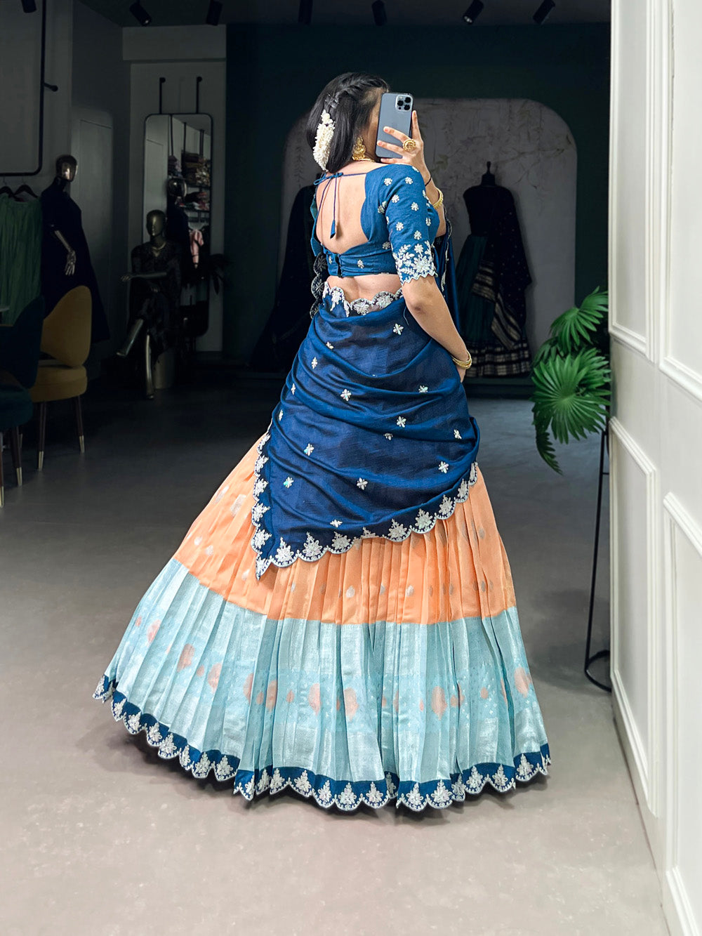 Orange zari kota embroidered lehenga choli with blue vichitra silk dupatta