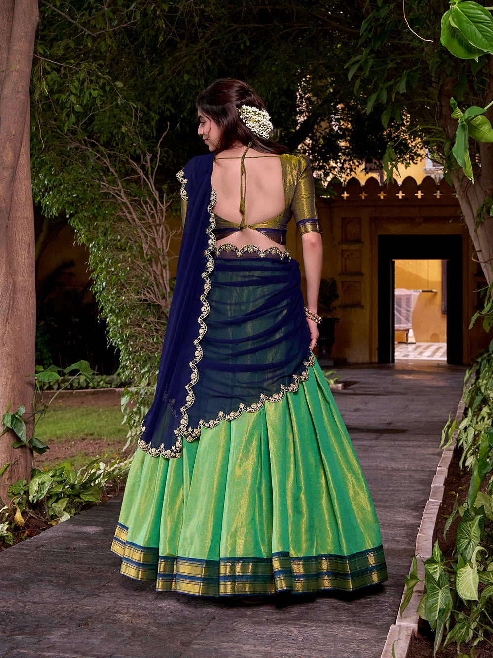 Navy blue kanchipuram lehenga choli with sequins thread embroidery zari border