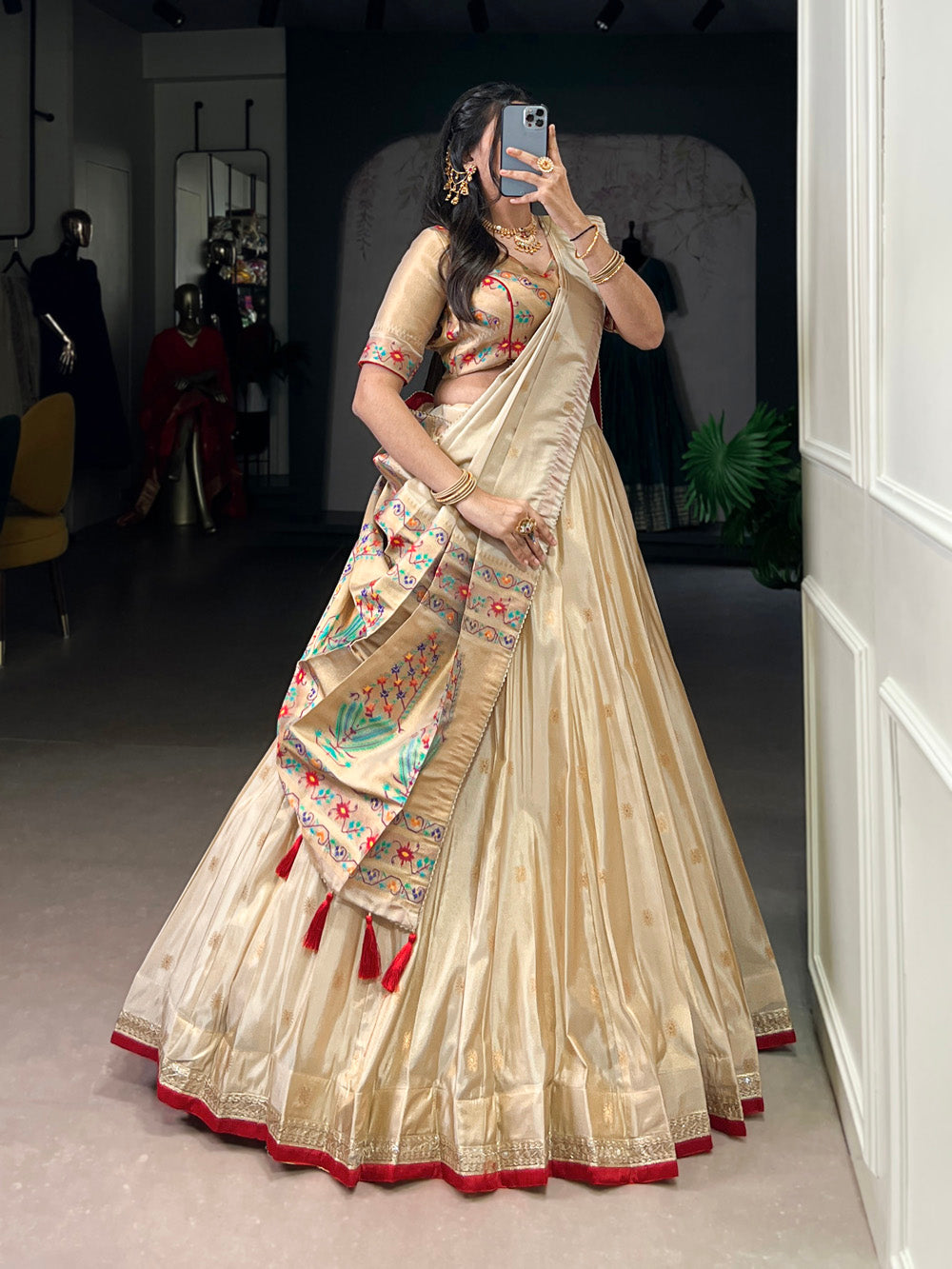 Red shimmer zari weaving lehenga choli with paithani dupatta
