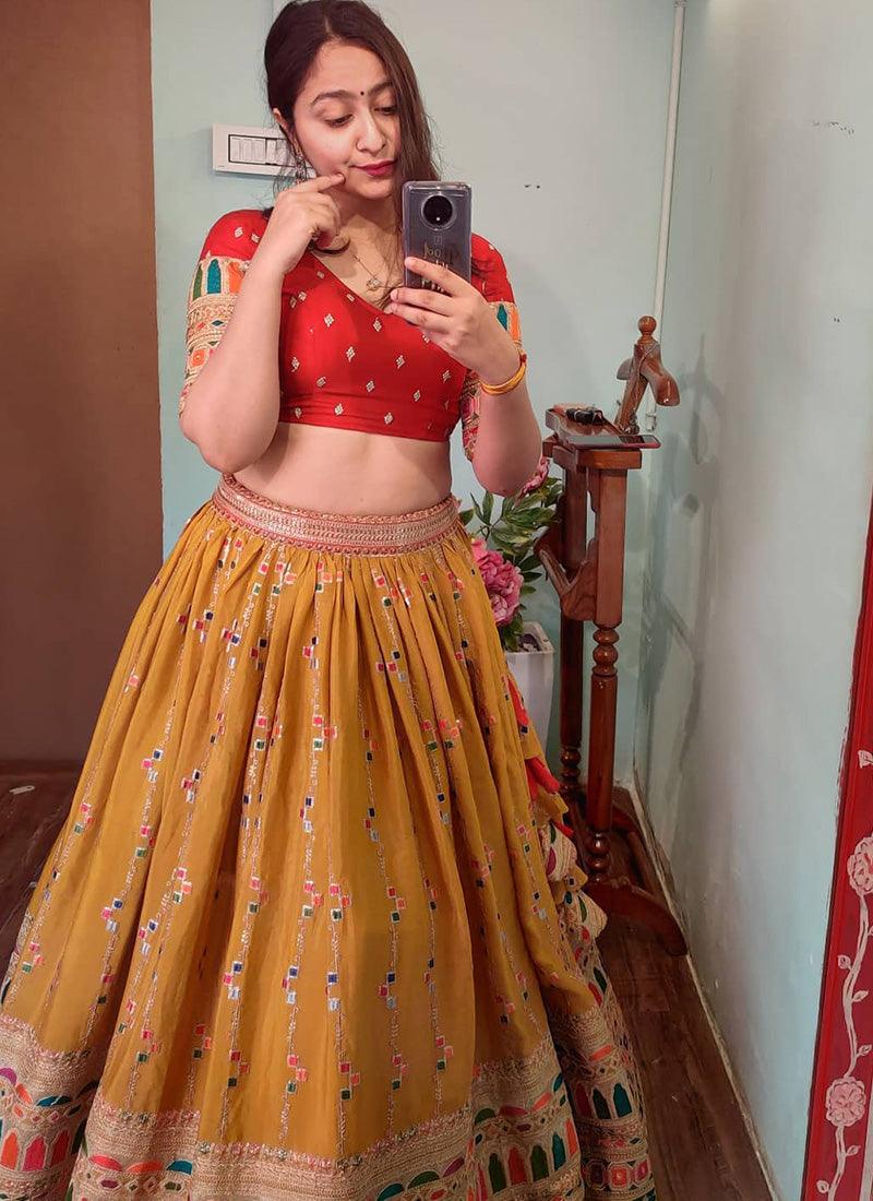 Half Sleeves Flared Mustard Lehenga