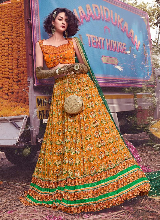 Hand Work Blouse With Mustard Crush Lehenga