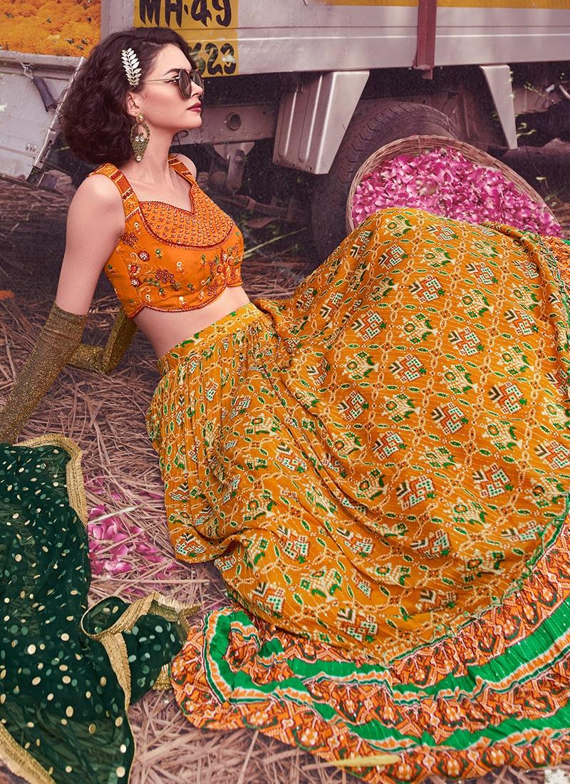 Hand Work Blouse With Mustard Crush Lehenga