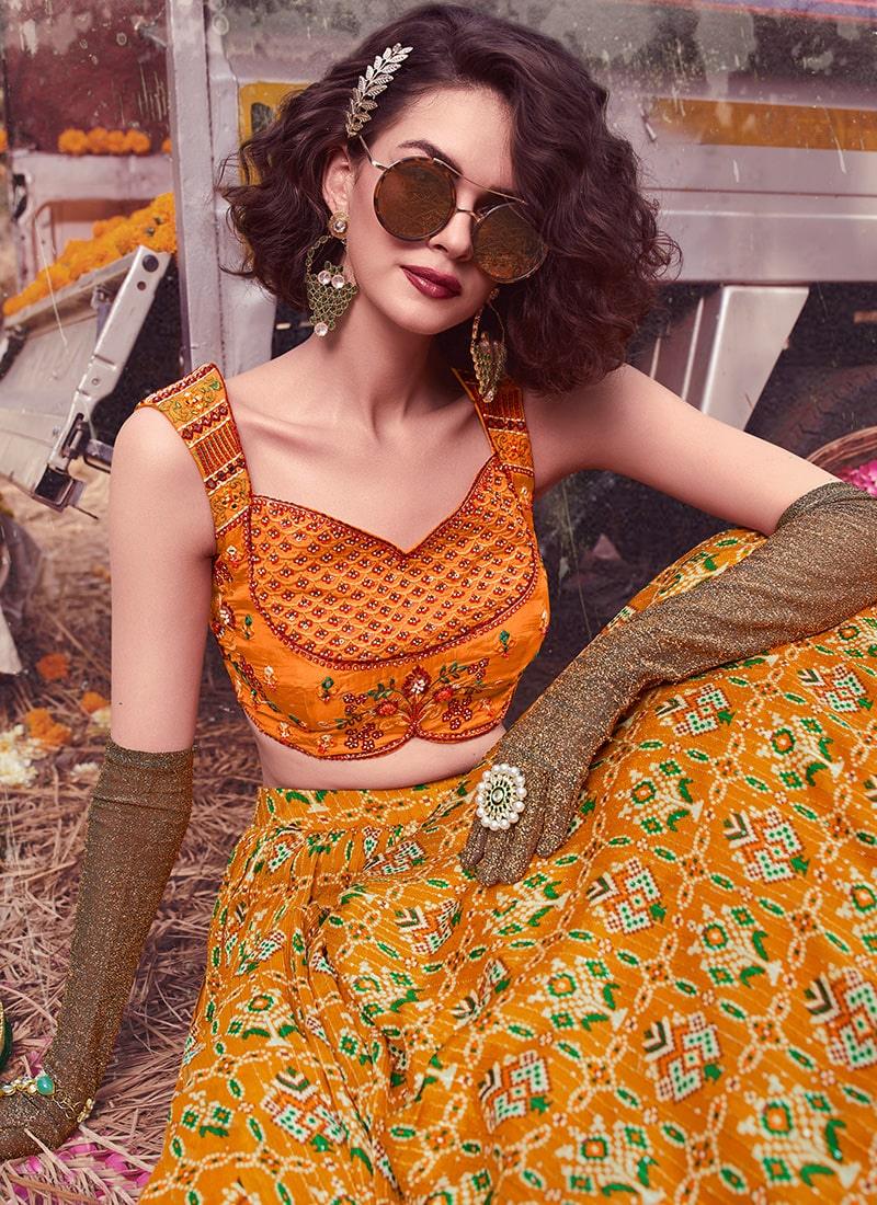 Hand Work Blouse With Mustard Crush Lehenga