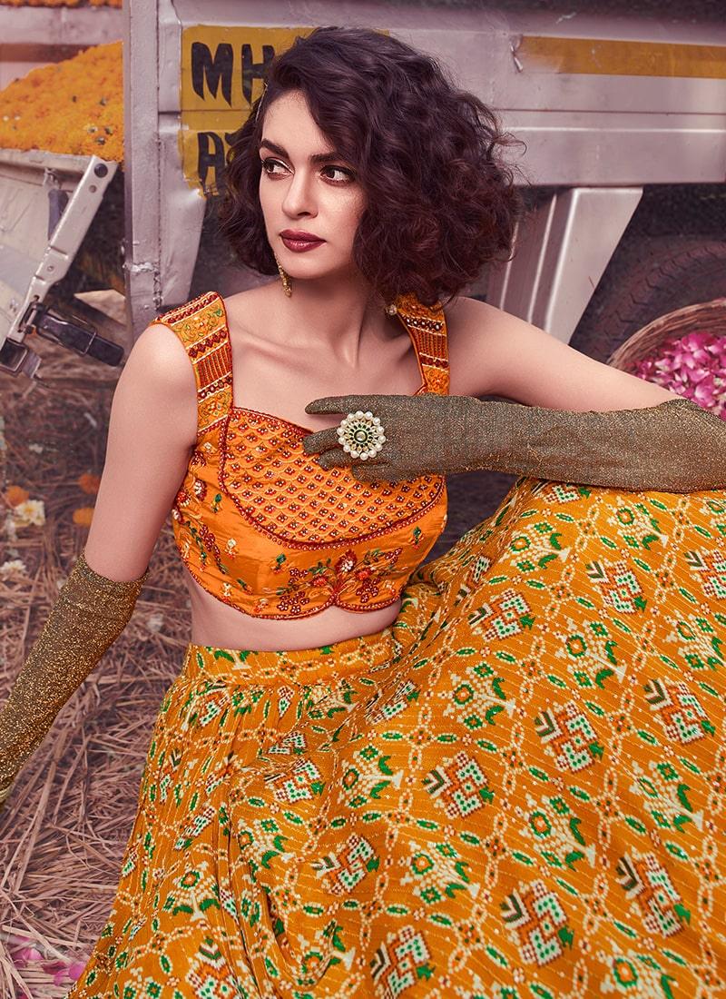 Hand Work Blouse With Mustard Crush Lehenga