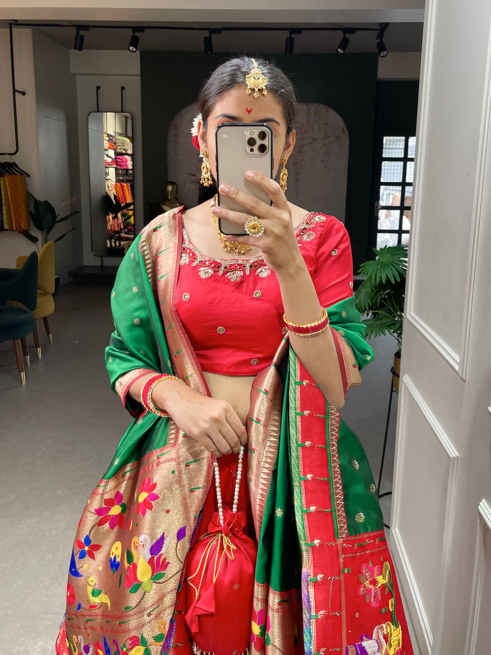 Red Color Weaving Zari Work jacquard Paithani Silk Lehenga Choli