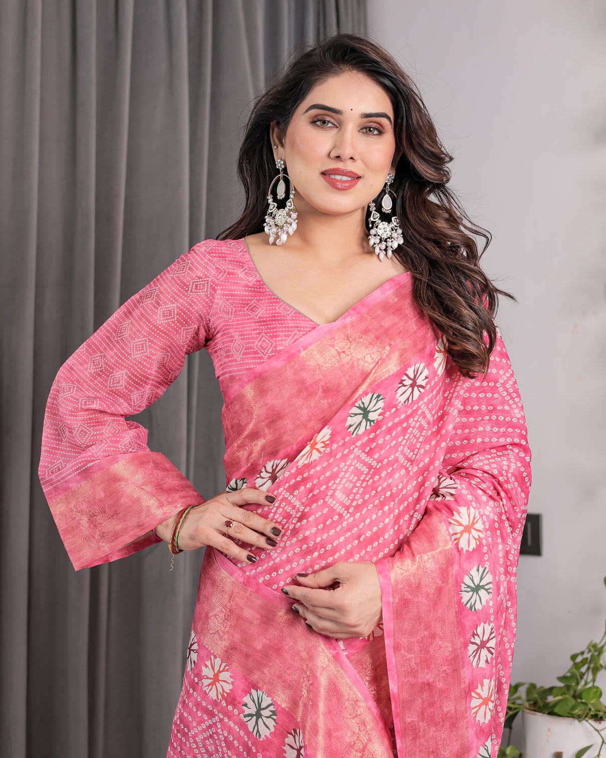 Artisan Rose Pink Handloom Linen Saree with Bandhani Inspired Floral Print
