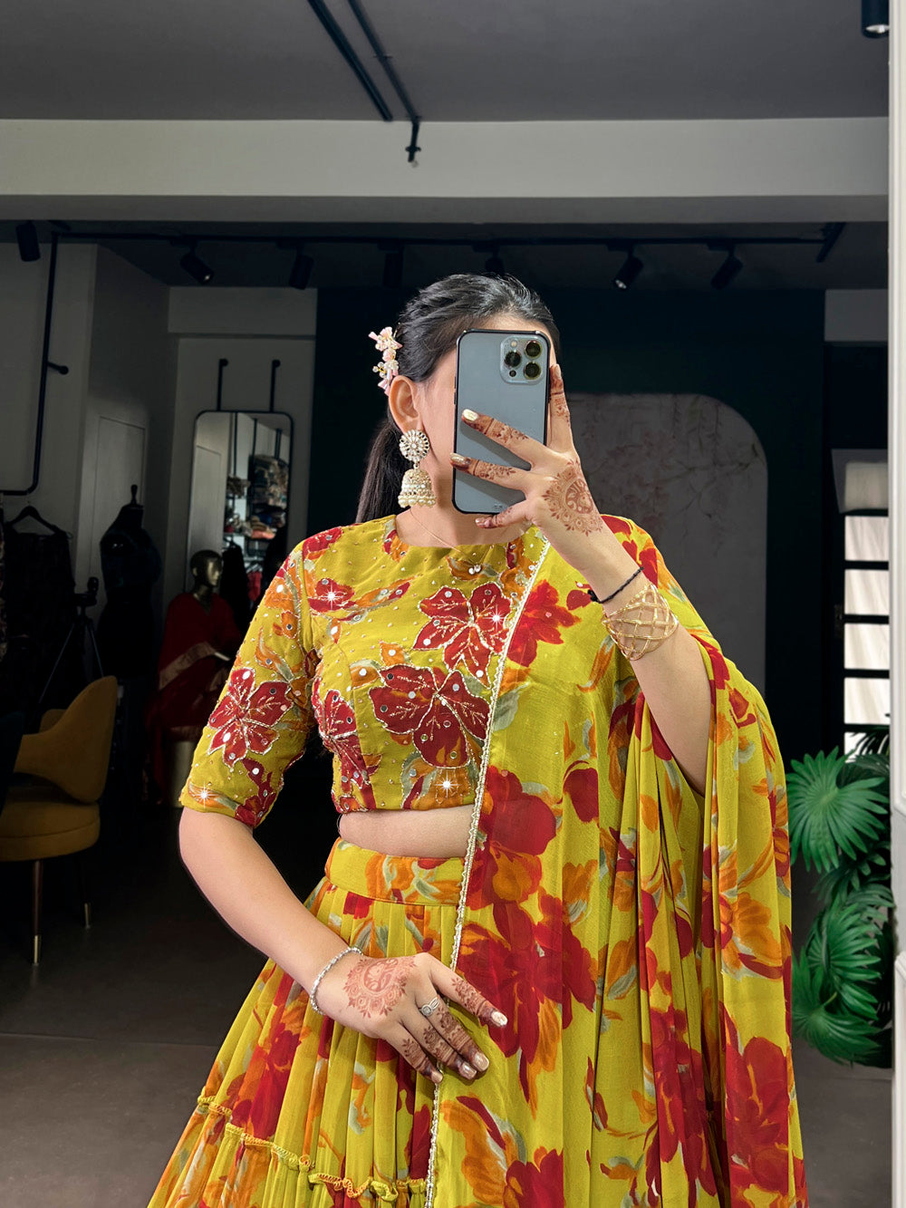 Olive yellow floral printed marble lehenga choli with lace dupatta