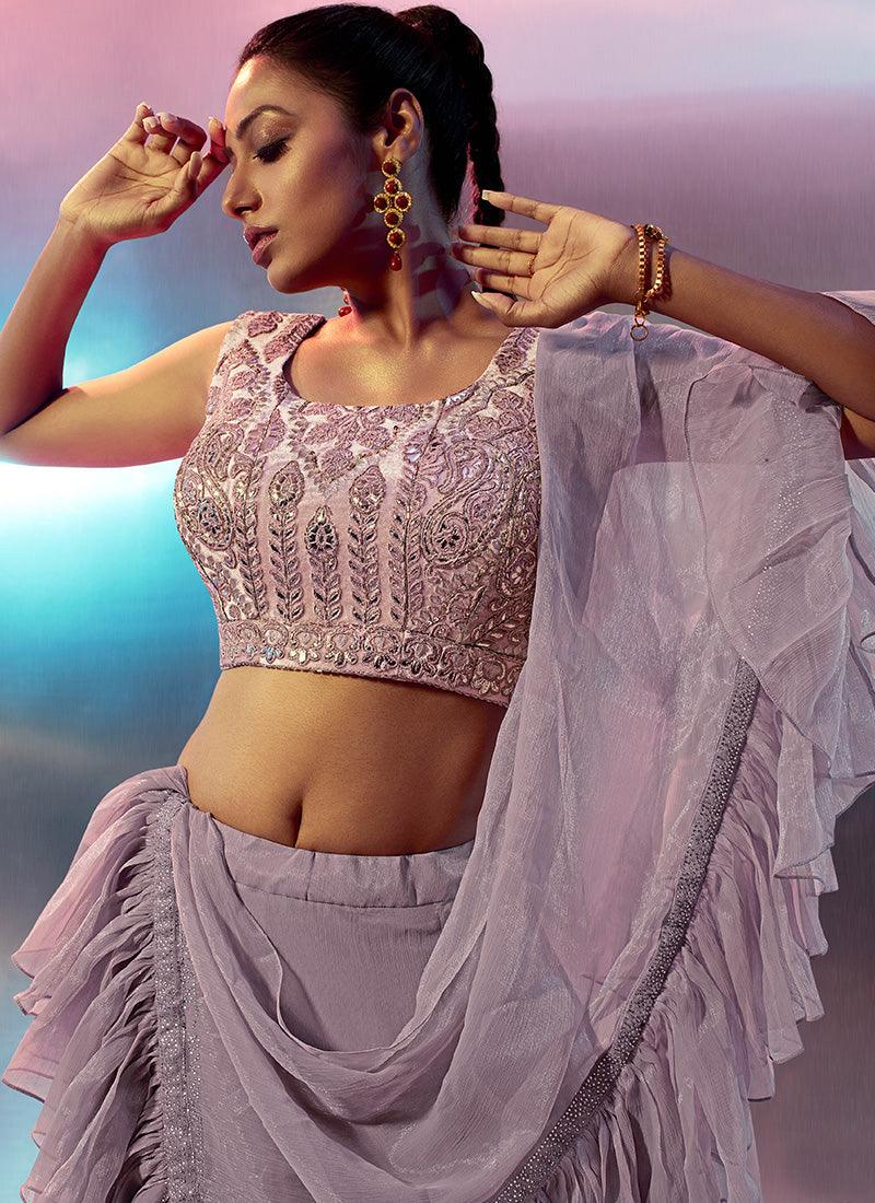 Handwork Blouse With Lavender Pink Lehenga