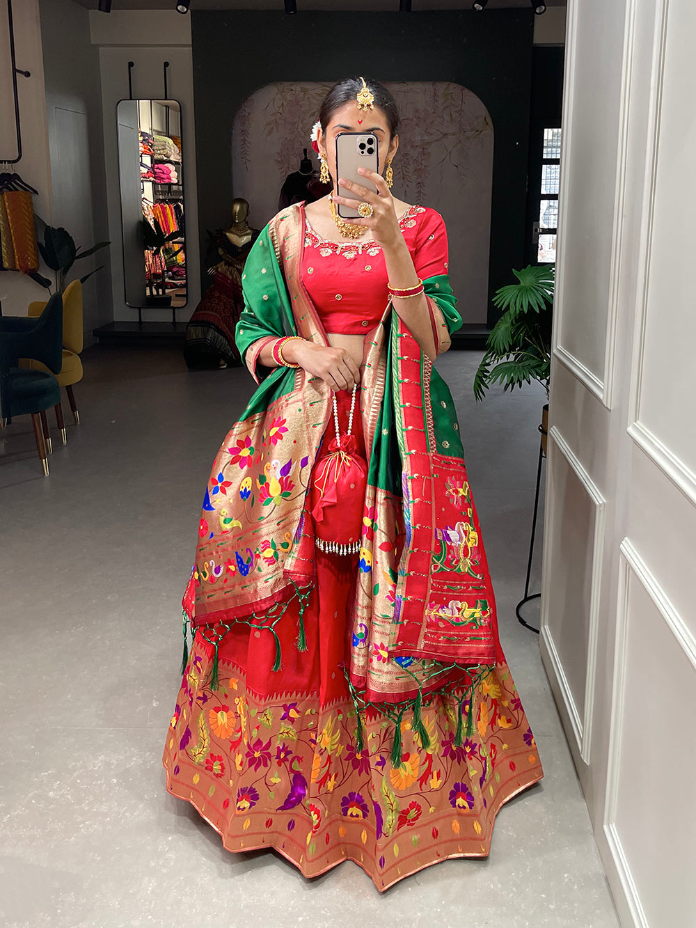 Red Color Weaving Zari Work jacquard Paithani Silk Lehenga Choli