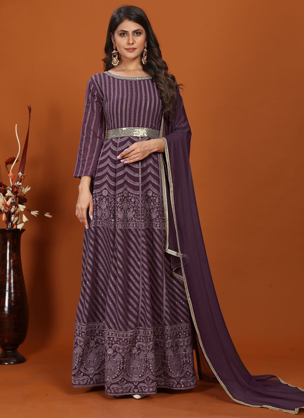 Heavy embroidered indian gown for women in wine