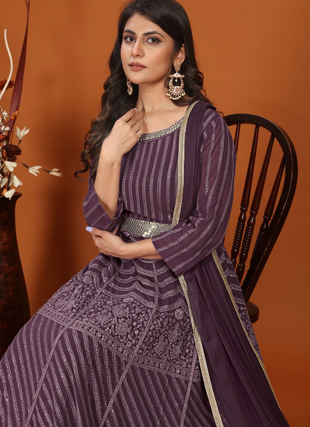 Heavy embroidered indian gown for women in wine