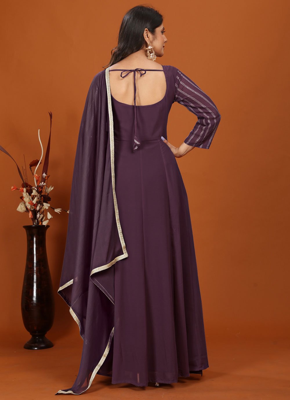 Heavy embroidered indian gown for women in wine