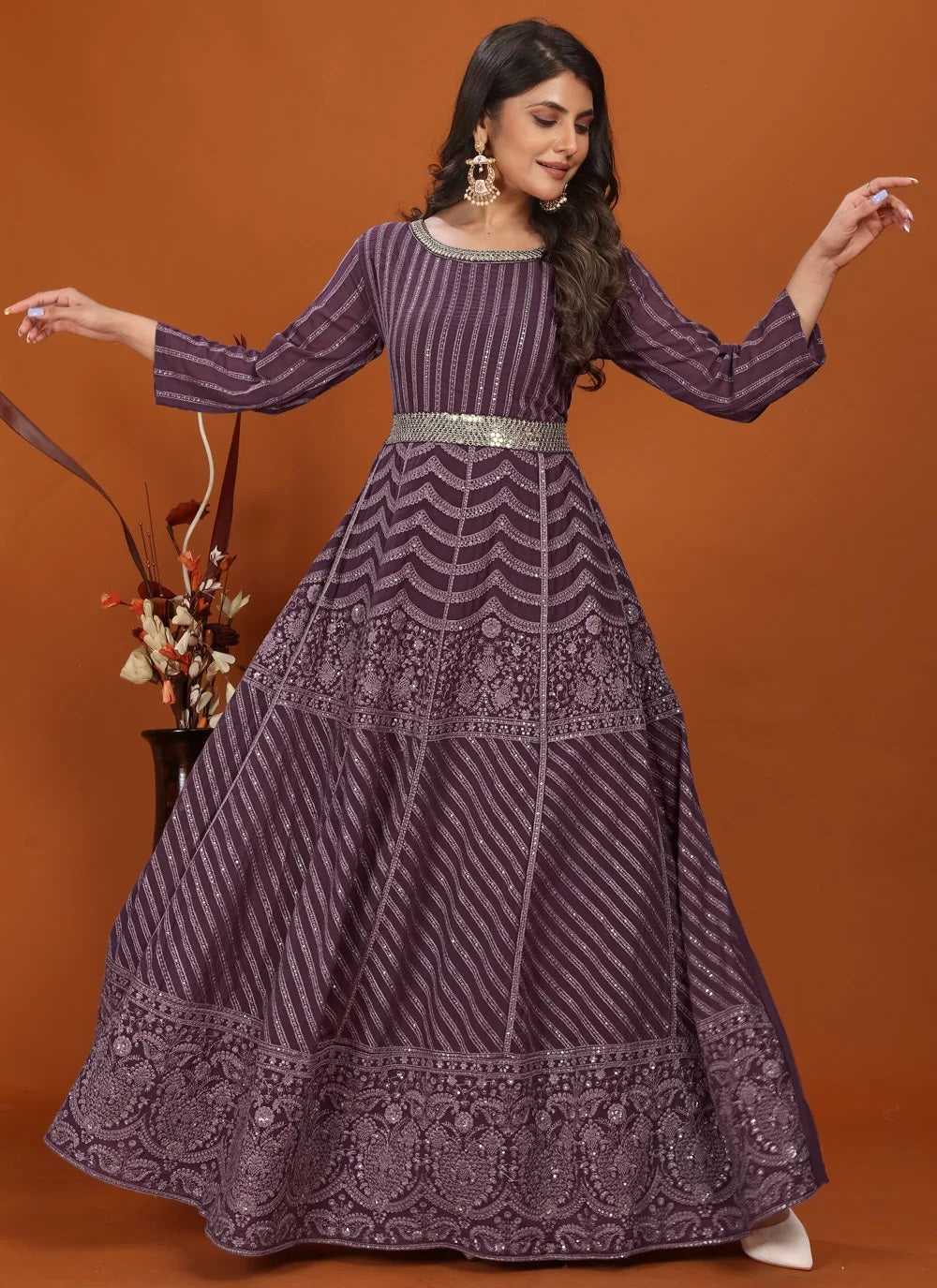 Heavy embroidered indian gown for women in wine
