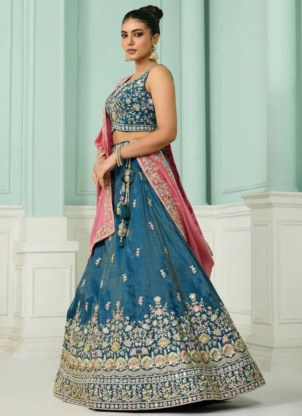 Majestic teal cosmos silk lehenga with sequin beads embroidery
