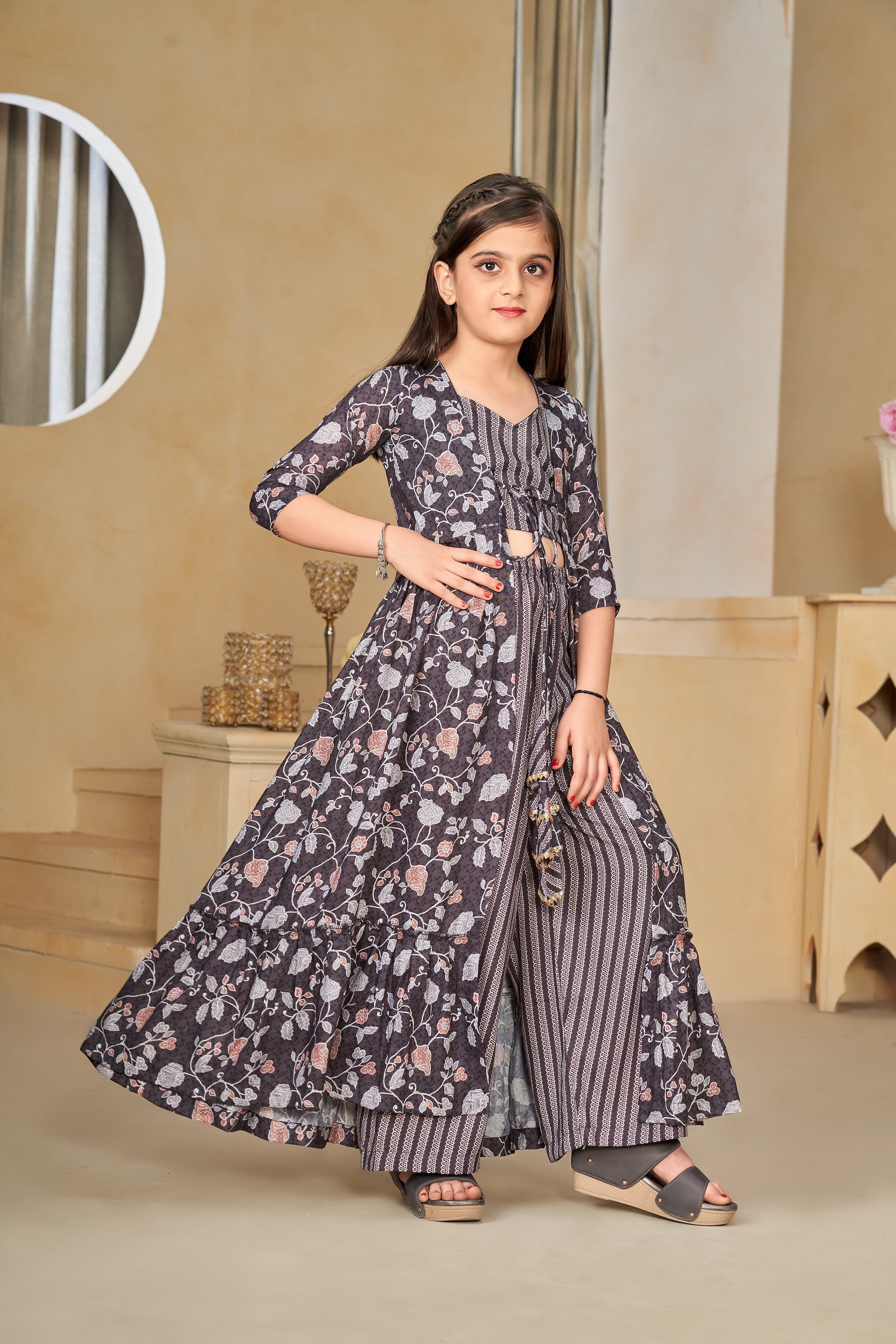 Heavy Muslin Digital Print Shrug Crop Top Bottom Set for Girls
