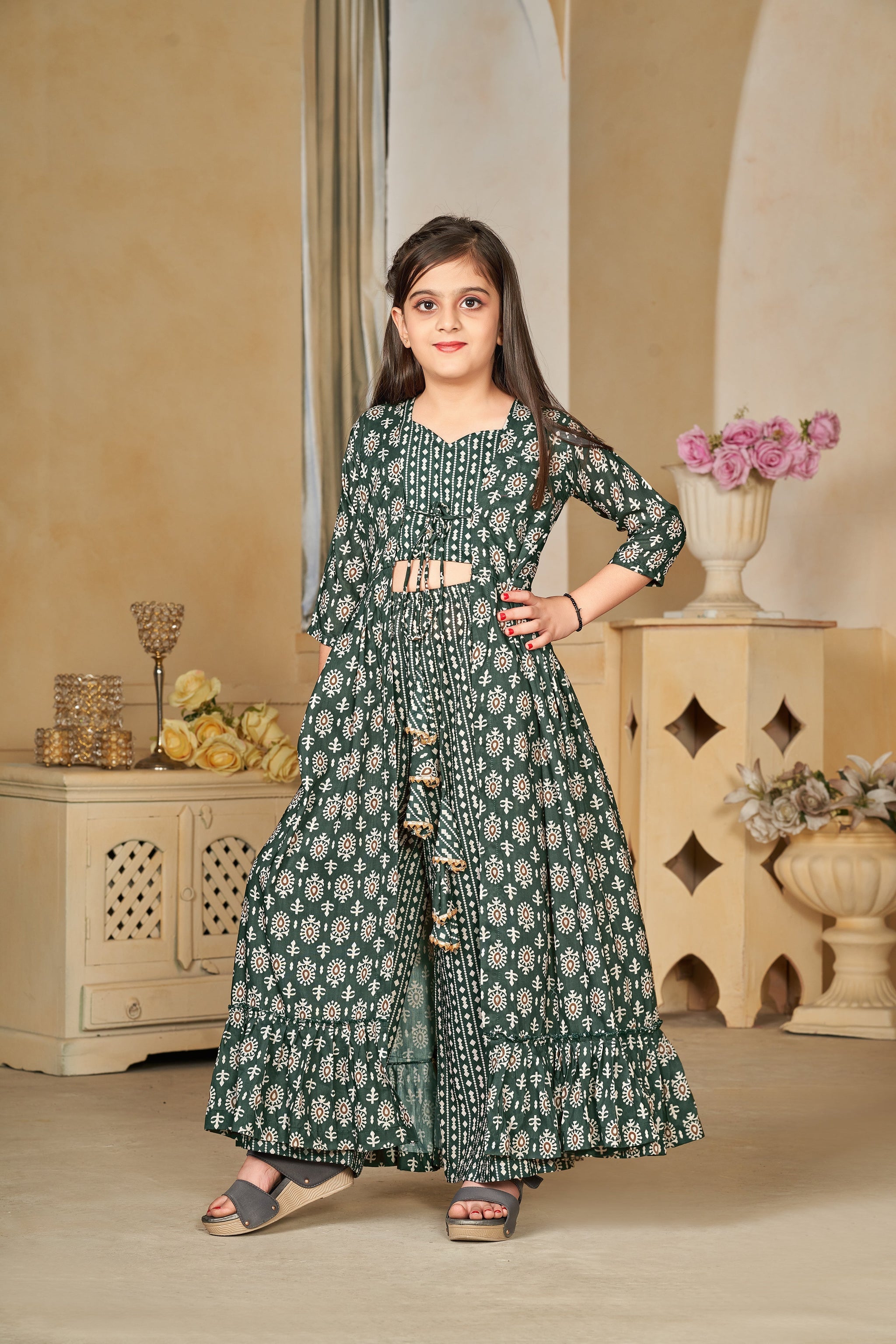 Heavy Muslin Digital Print Shrug Crop Top Bottom Set for Girls