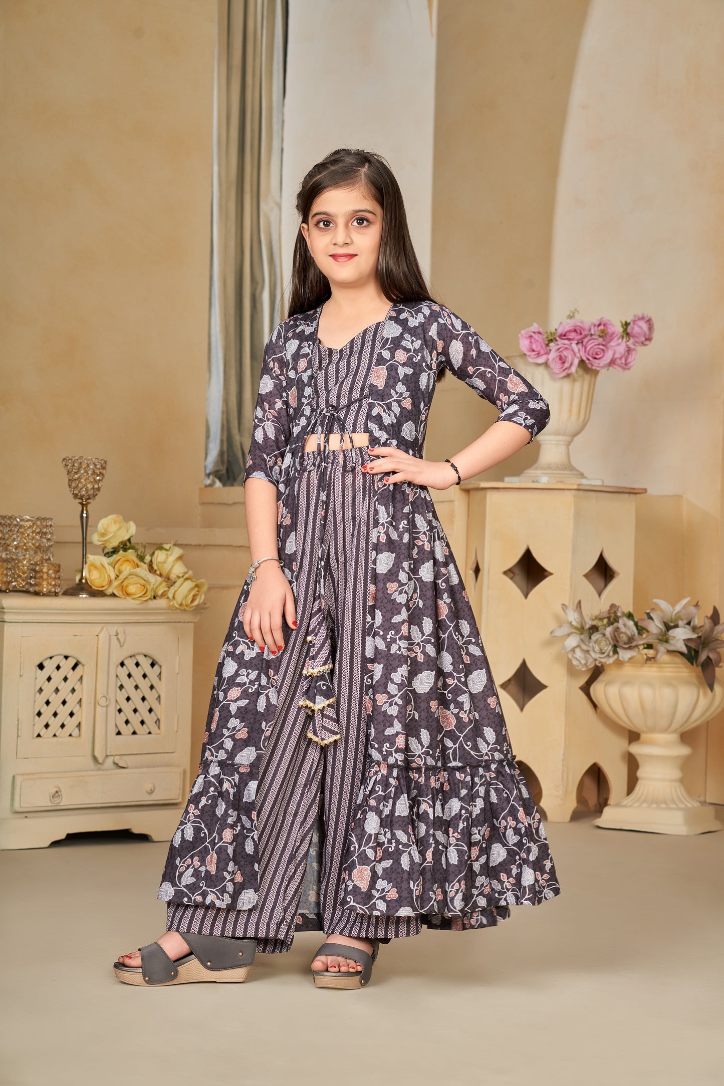 Heavy Muslin Digital Print Shrug Crop Top Bottom Set for Girls