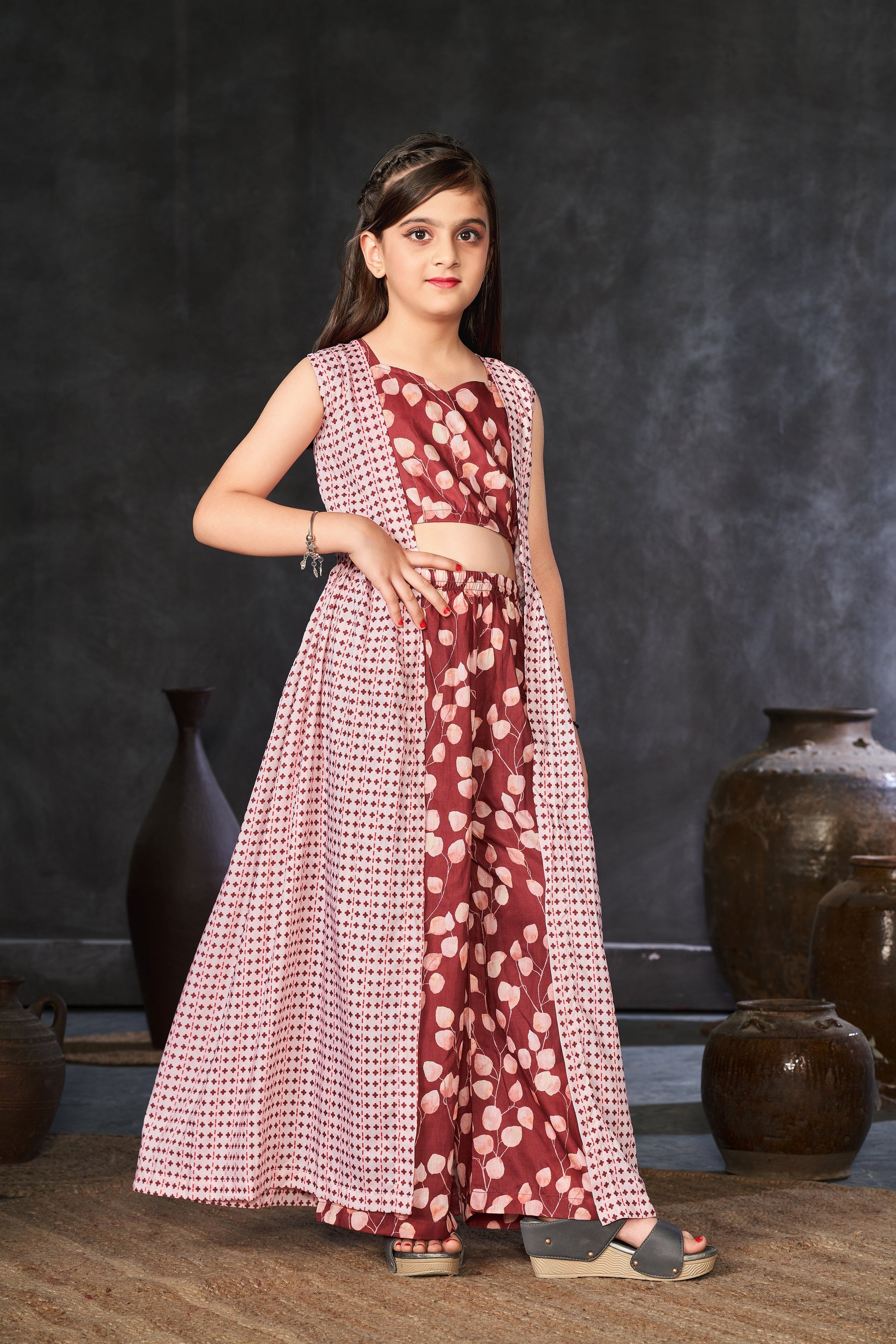 Heavy Muslin Digital Print Shrug Crop Top Bottom Set for Girls