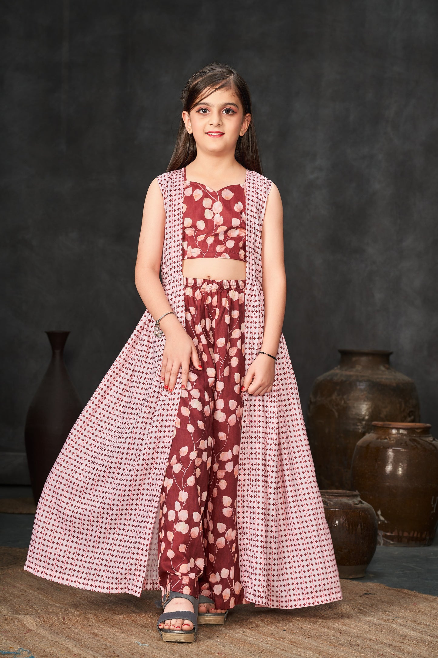 Heavy Muslin Digital Print Shrug Crop Top Bottom Set for Girls
