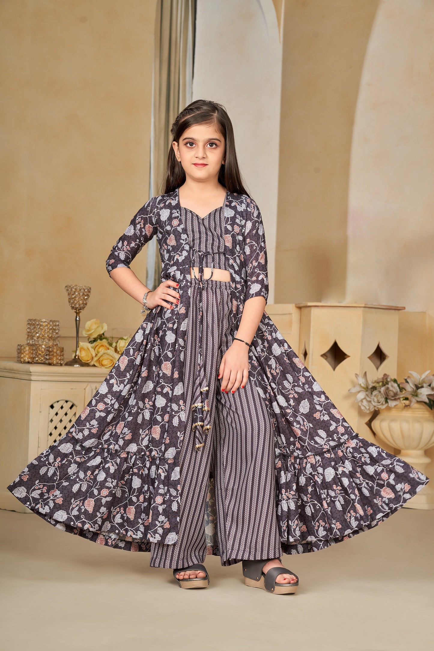 Heavy Muslin Digital Print Shrug Crop Top Bottom Set for Girls